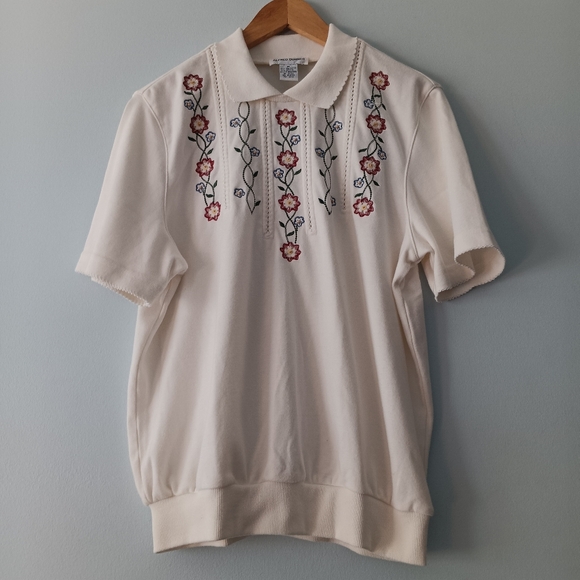 Alfred Dunner Vintage Off-White Floral Embroidered Short Sleeve Shirt M - Picture 1 of 9
